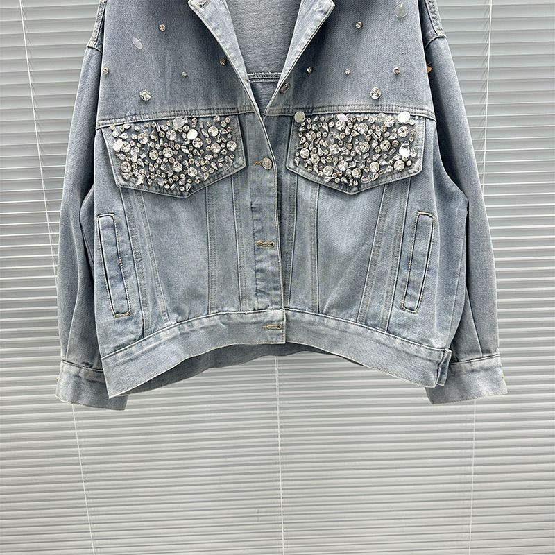 Pre Order:  Diamond Studded Long Sleeved Loose Denim Jacket