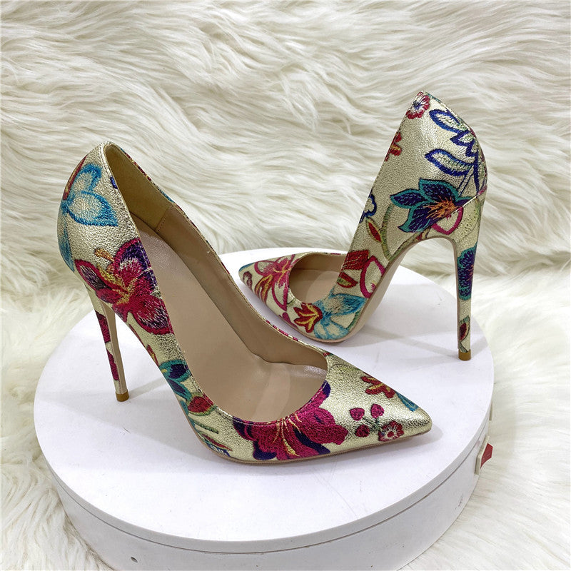 Pre Order:  Gold Embroidered Flower Pointed-Toe Shoes