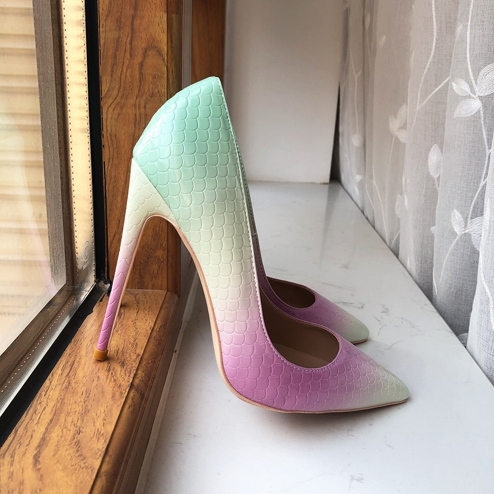 Pre Order:  Gradient Pink Green Crocodile Pattern Pointed-Toe Shoes