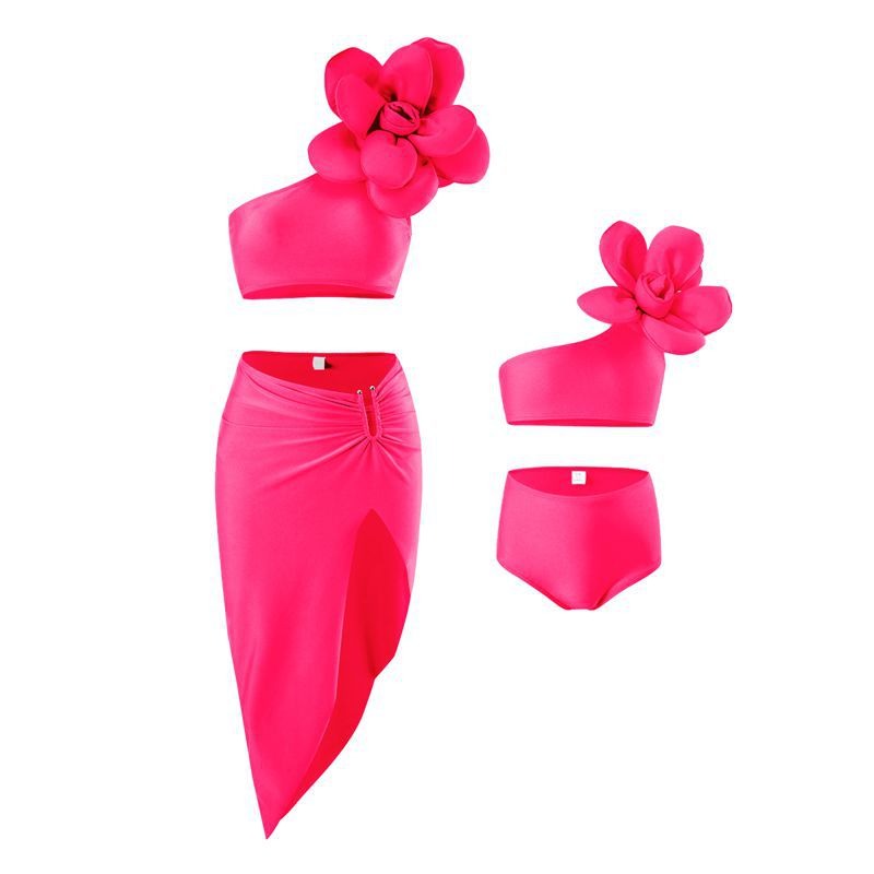 Mother-Daughters Matching 3D Flower One-Shoulder Swimsuit 3-Piece Set