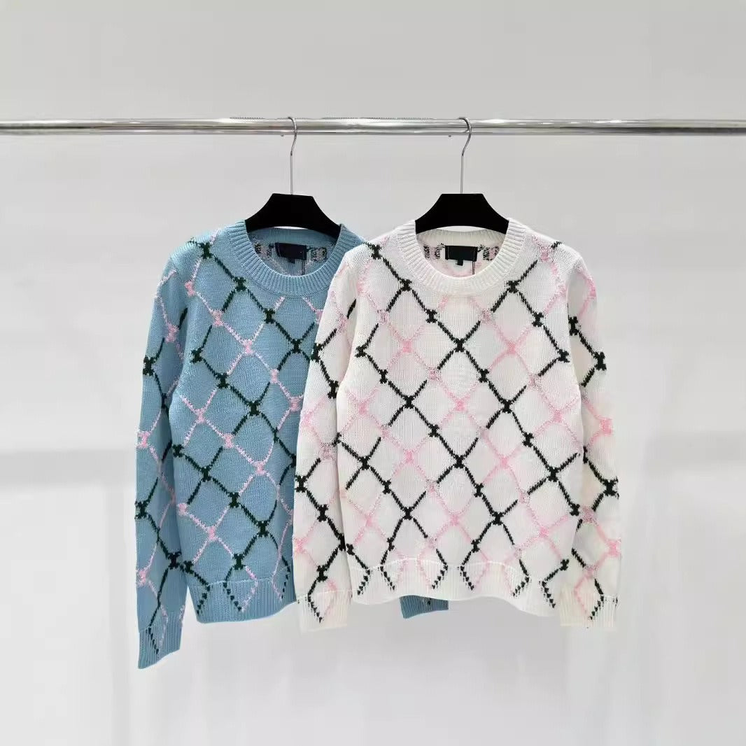 Pre Order:  Diamond Grid Jacquard Round Neck Knitted Sweater