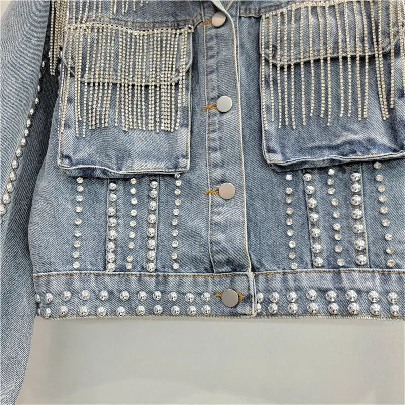 Pre Order: 3D Workwear Pocket Rivet Studded Diamond Tassel Denim Jacket