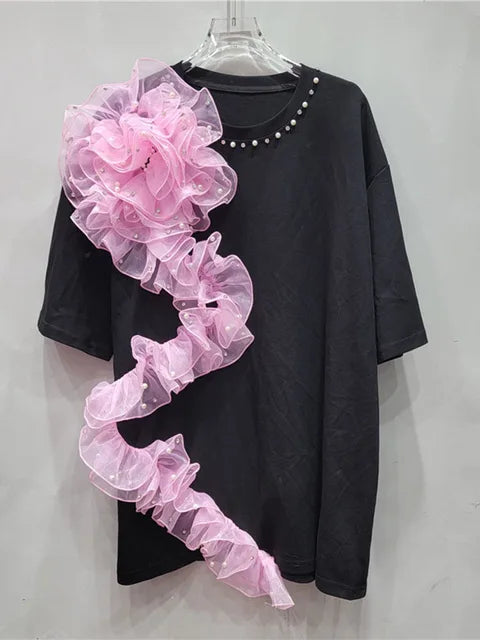 Pearl Diamond Pink Mesh Flower Round Neck T-Shirt