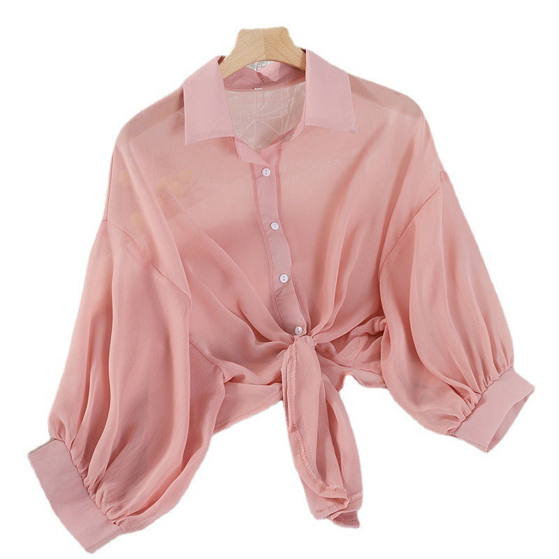 Pre Order:  Casual Chiffon Waist Tie Shirt