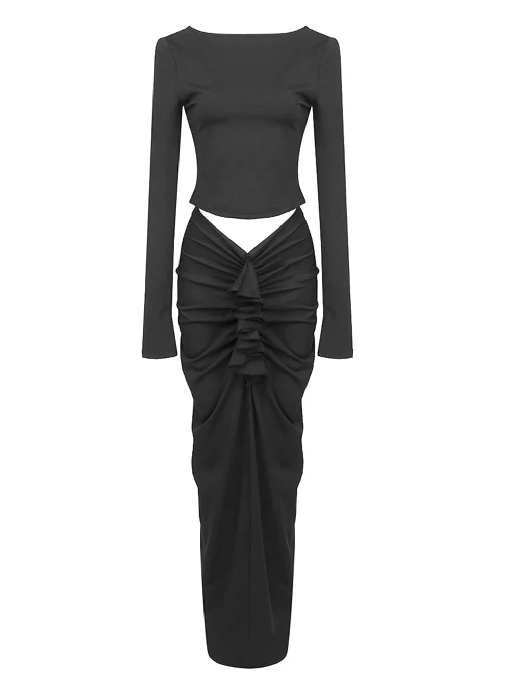 Pre Order:  Black Long Sleeved Backless Top + Pleated Elastic Slim Fit Skirt