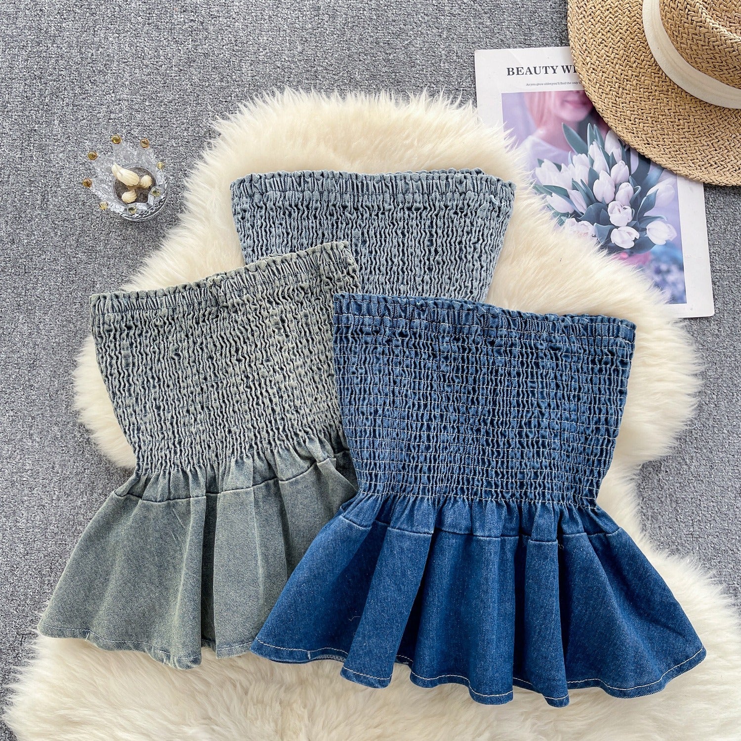 Pre Order:  Elastic Denim Ruffle Tube Top