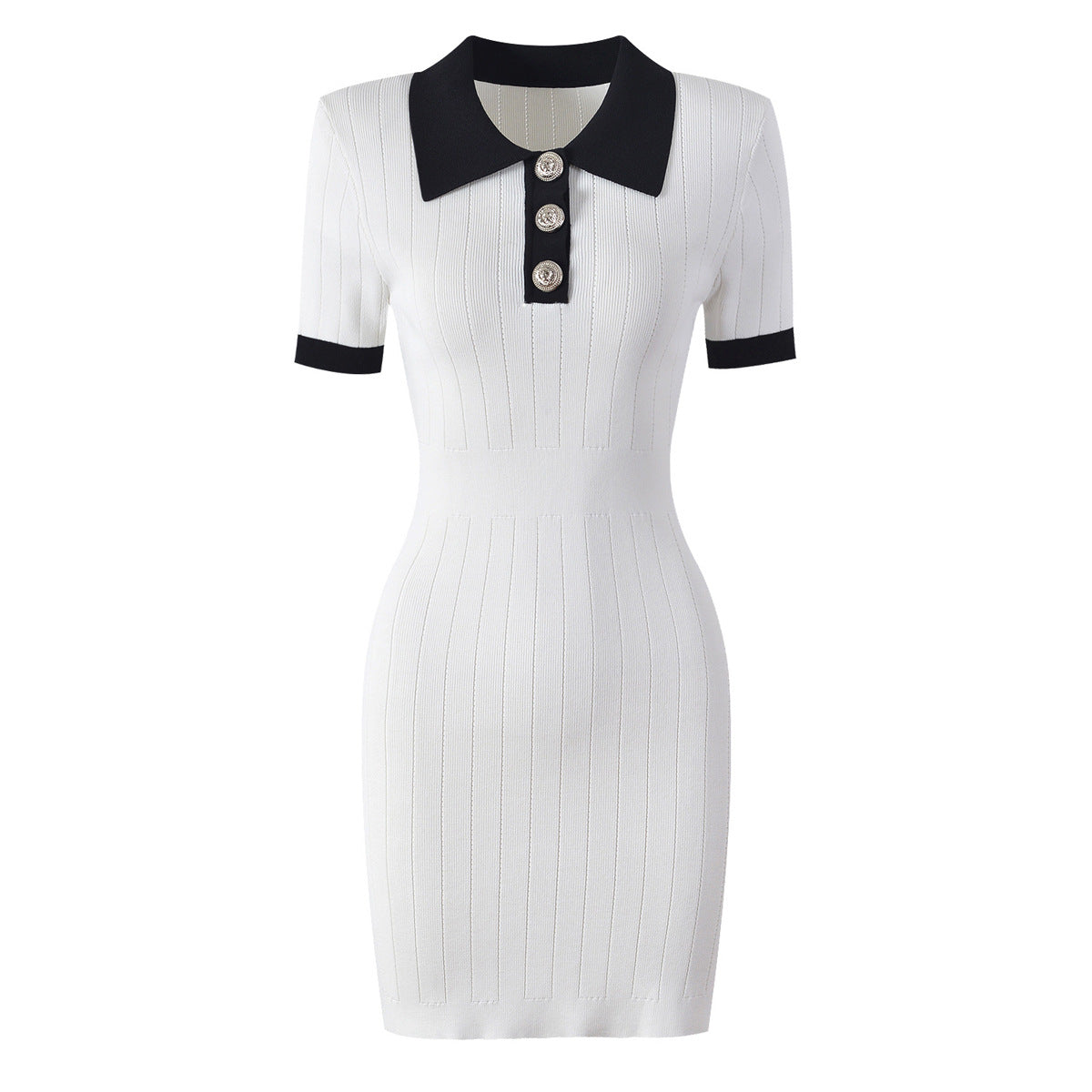 Pre Order:  Knitted Collar Slim Fit Short Sleeved Dress