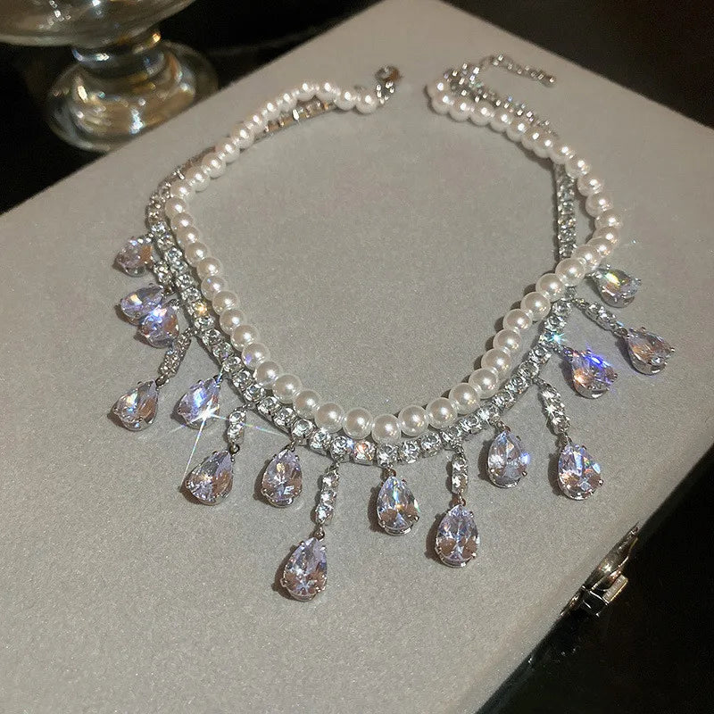 Pre Order:  Water Drop Zircon Rhinestone Pearl Choker Necklace