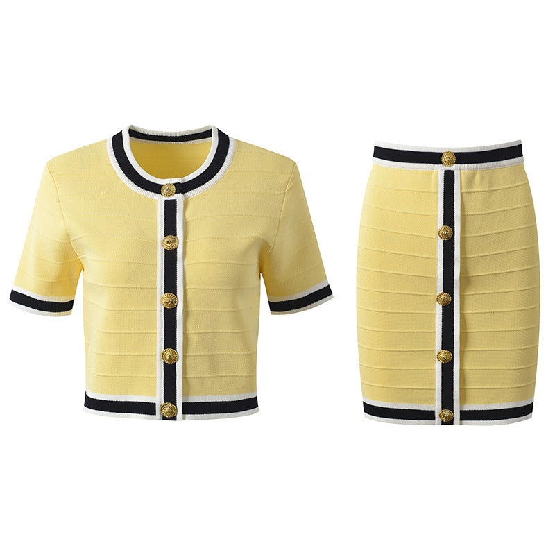 Pre Order:  Slim Fit Gold Buckle Round Neck Short Cardigan + Skirt