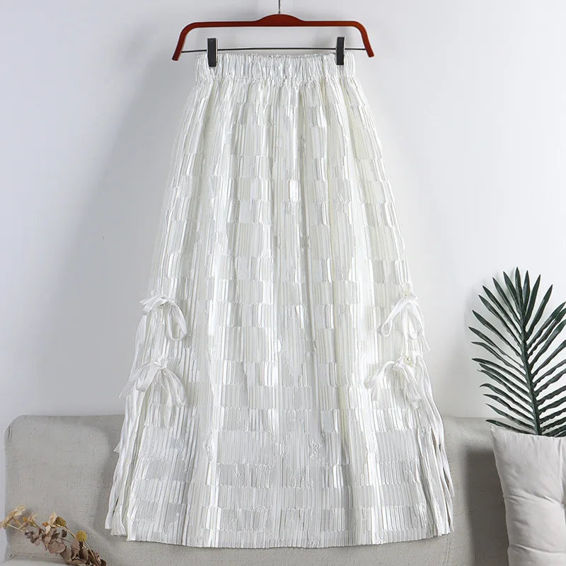 Pre Order:  Vintage Tie Split Pleated A-Line Midi Skirt