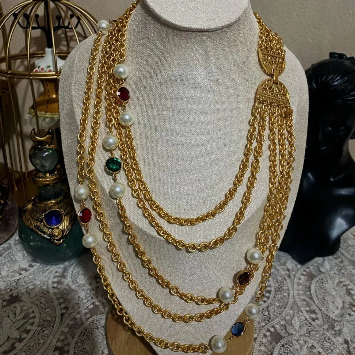 Pre Order:  Retro Plain Gold Multi-Layer Crystal Glass Pearl Necklace