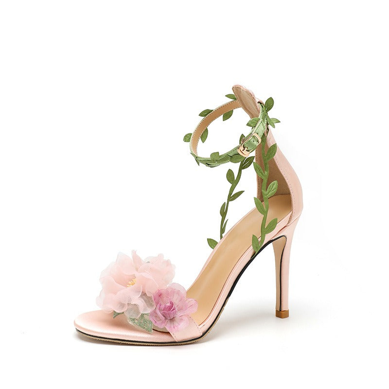 Pink Chiffon Flower Vine Strap High Heel Sandals