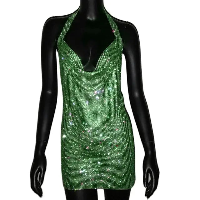 Pre Order:  Halter Neck Sexy Backless V Neck Rhinestone Mini Dress