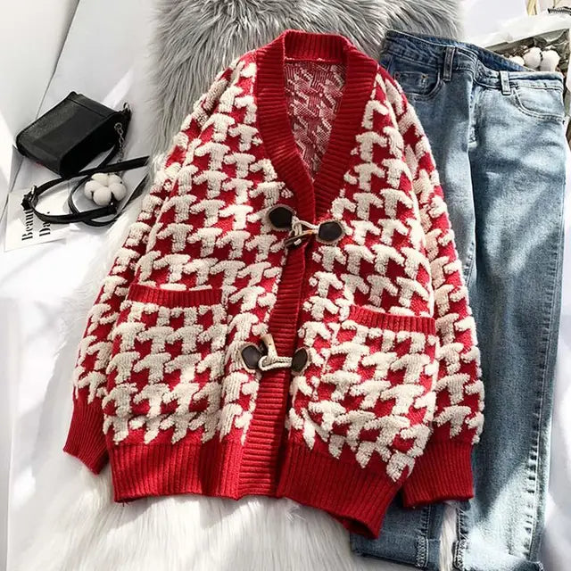 Plaid Antler Toggle Knitted Cardigan