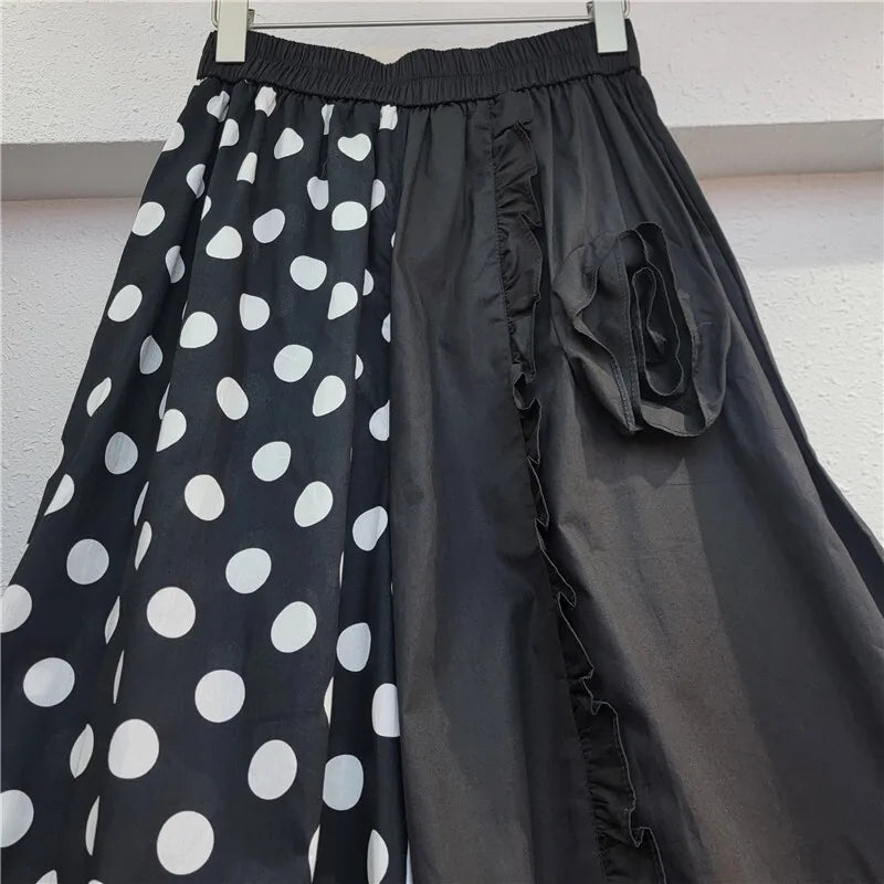 Pre Order:  Polka Dot Patchwork 3D Flower Wide Leg Trousers