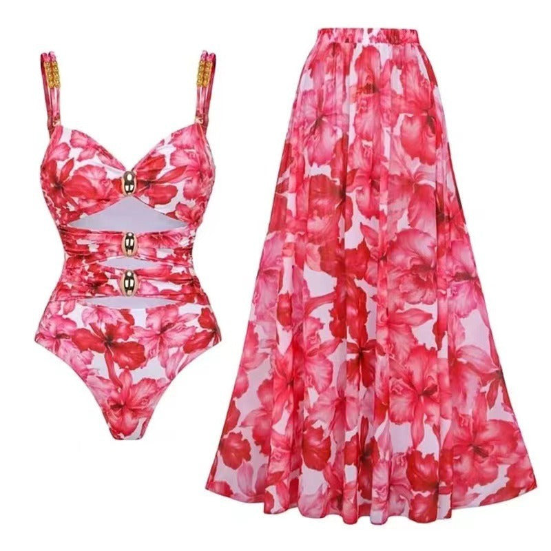 Floral Bandage Wrap One-Piece Swimsuit + Skirt Set
