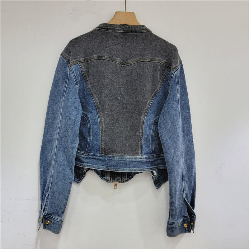 Pre Order:  Diamond Embedded Bead Long Sleeve Elastic Denim Slim Jacket