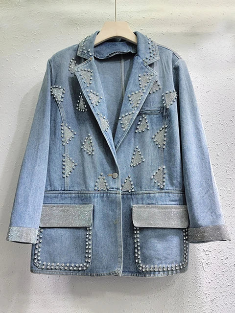 Pre Order:  Triangle Diamond Embroidered Denim Blazer