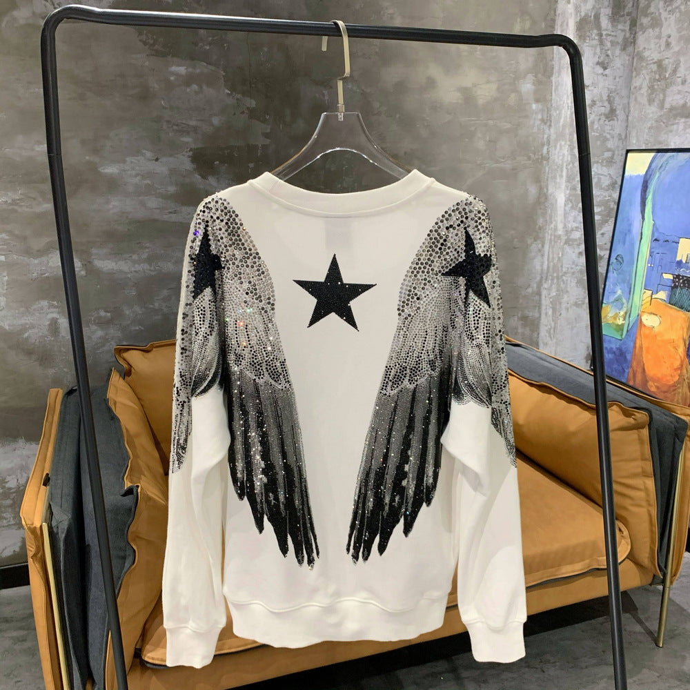 Pre Order:  Hot Stamping Diamond Large Wings Round Neck Sweatshirt