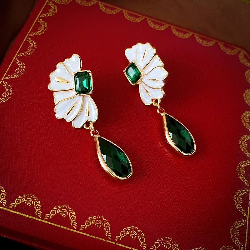 Pre Order:  Oil Dripping Flower Emerald Water Drop Earrings