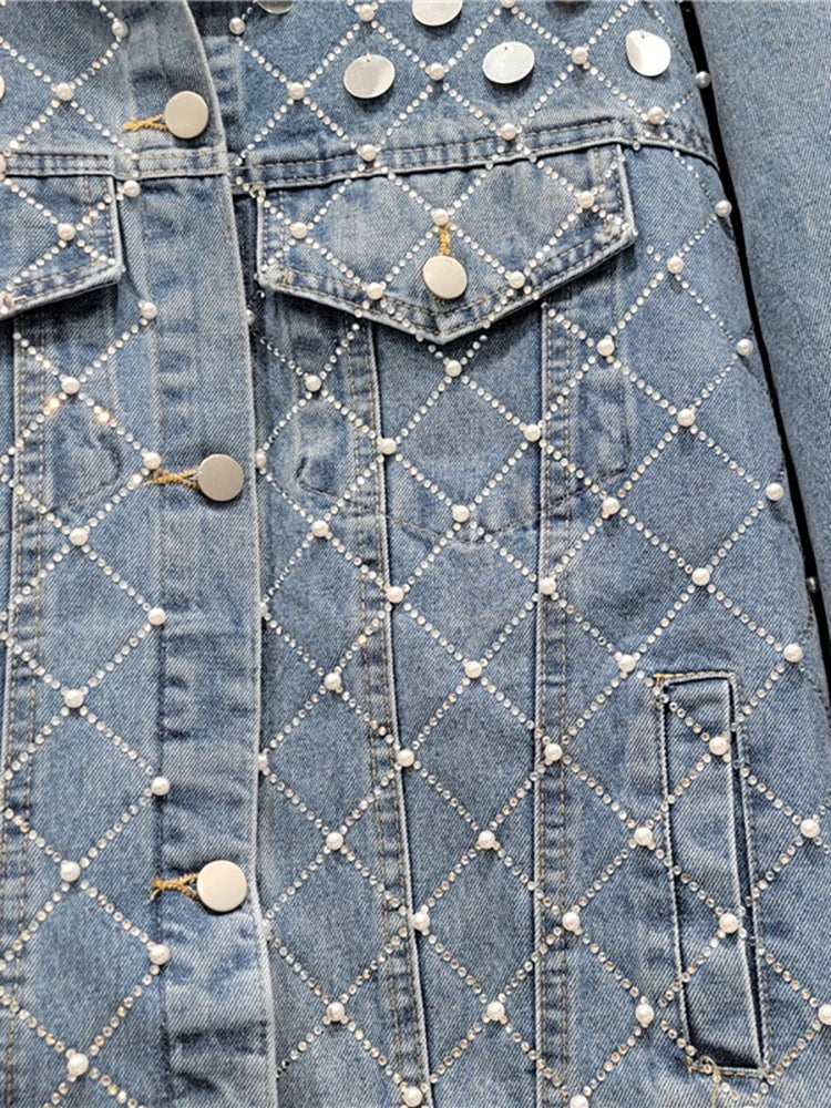 Pre Order:  Sequins Pearls Plaid Rhinestone Denim Jacket