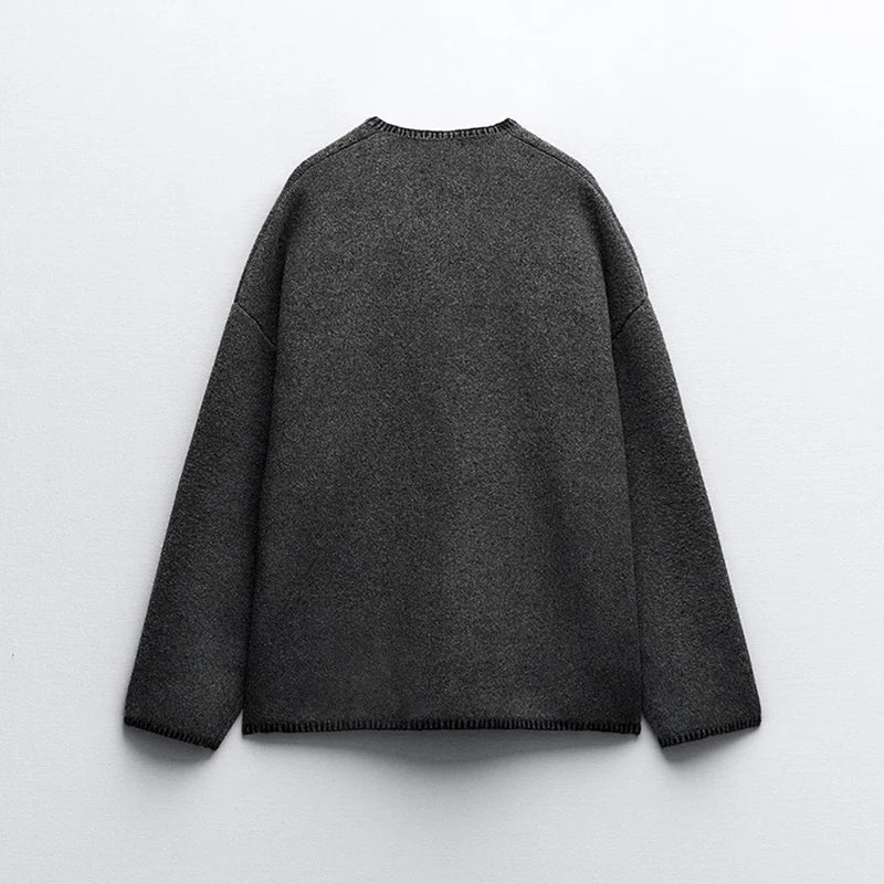 Pre Order:  Overstitched Patch Pockets Knitted Sweater