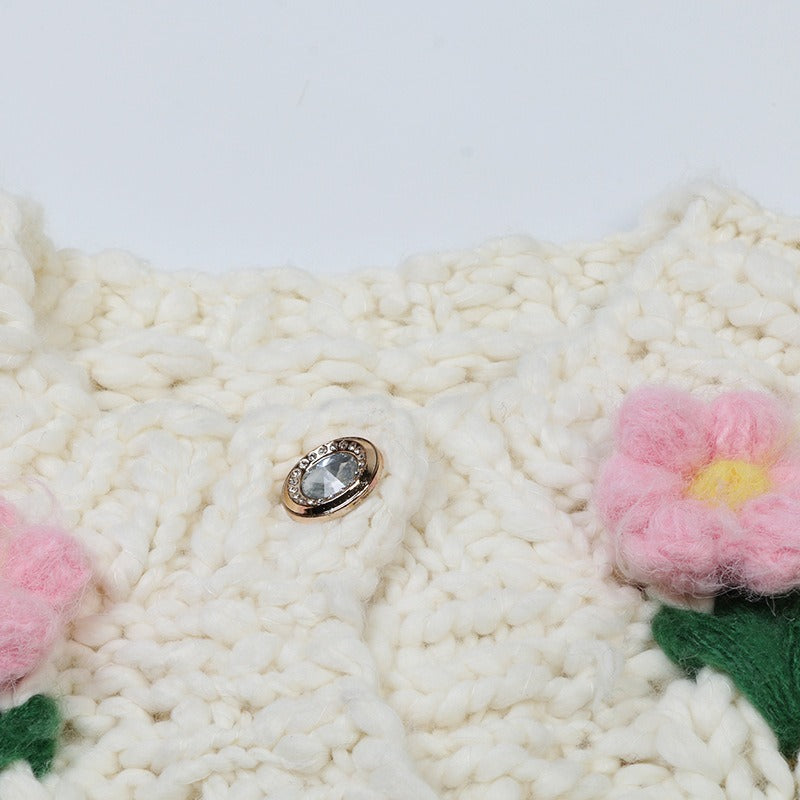 Flower Handmade Loose White Knitted Cardigan