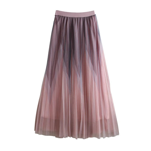 Layered Pleated Mesh Midi Skirt