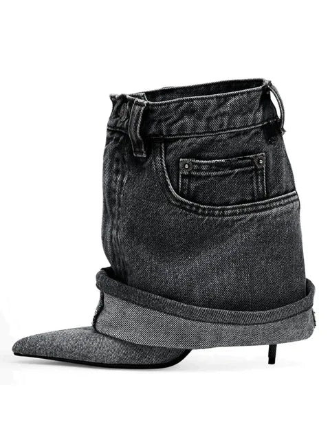 Pre Order:  Denim Pointed Toe Fine High Heel Skirt Boots