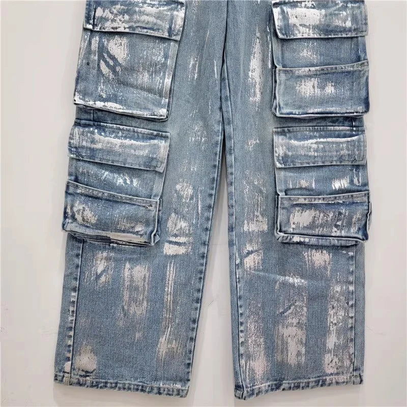 Pre Order:  High Waist Straight Wide Leg Multiple Pockets Denim Pants