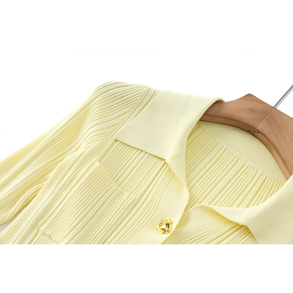 Pre Order:  Fresh Yellow Knit Pleated Cardigan + Skirt Set