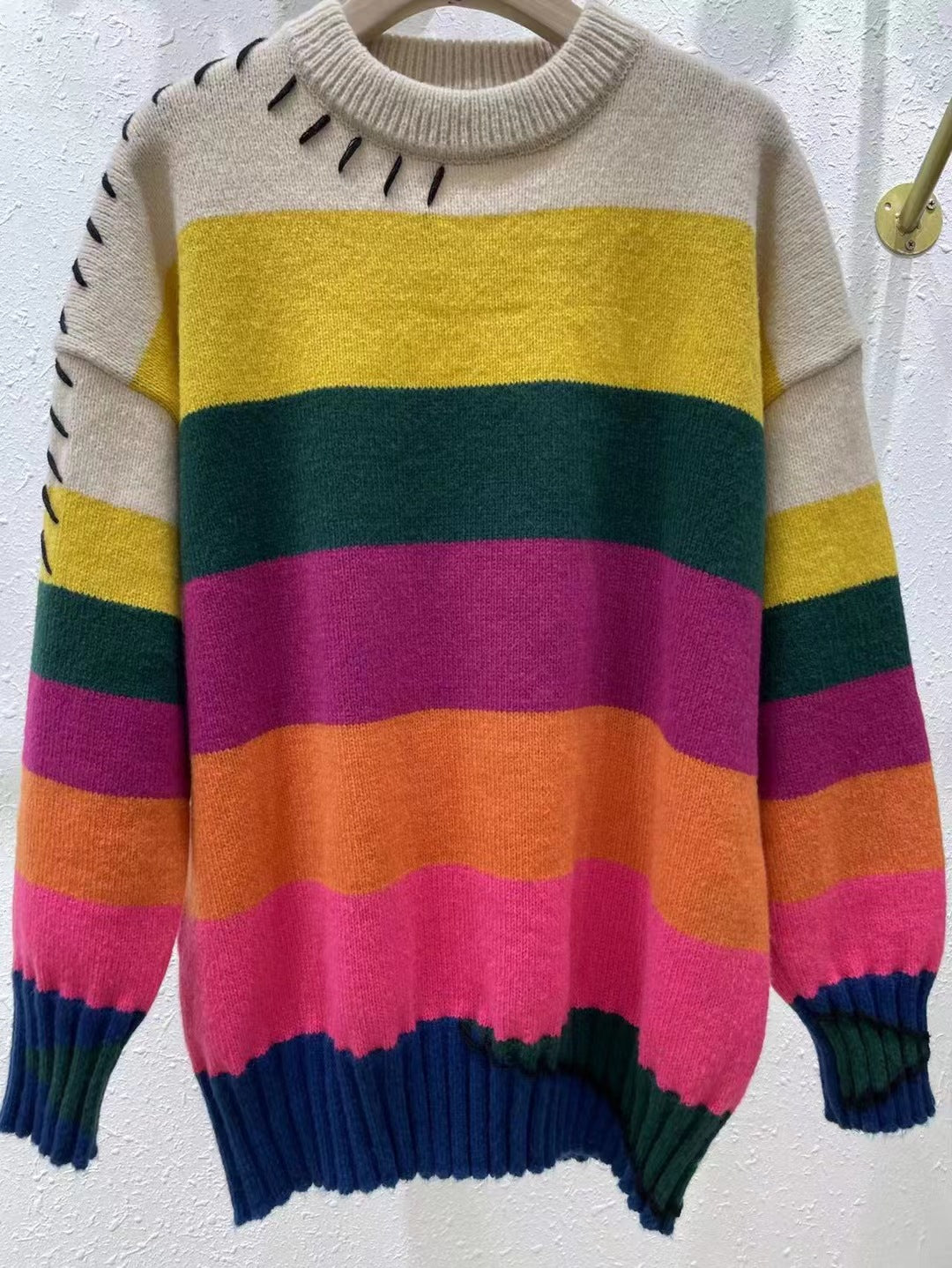 Pre Order:  Retro Rainbow Striped Loose Knitted Sweater