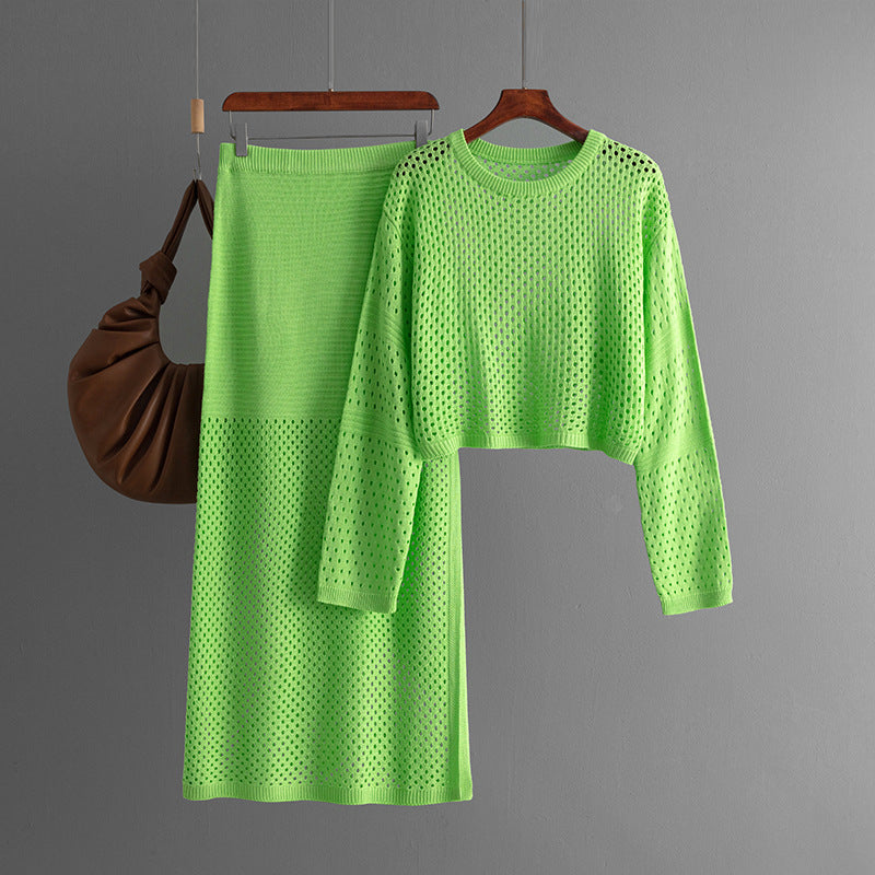 Hollow Knitted Sweater + Knitted Skirt Set