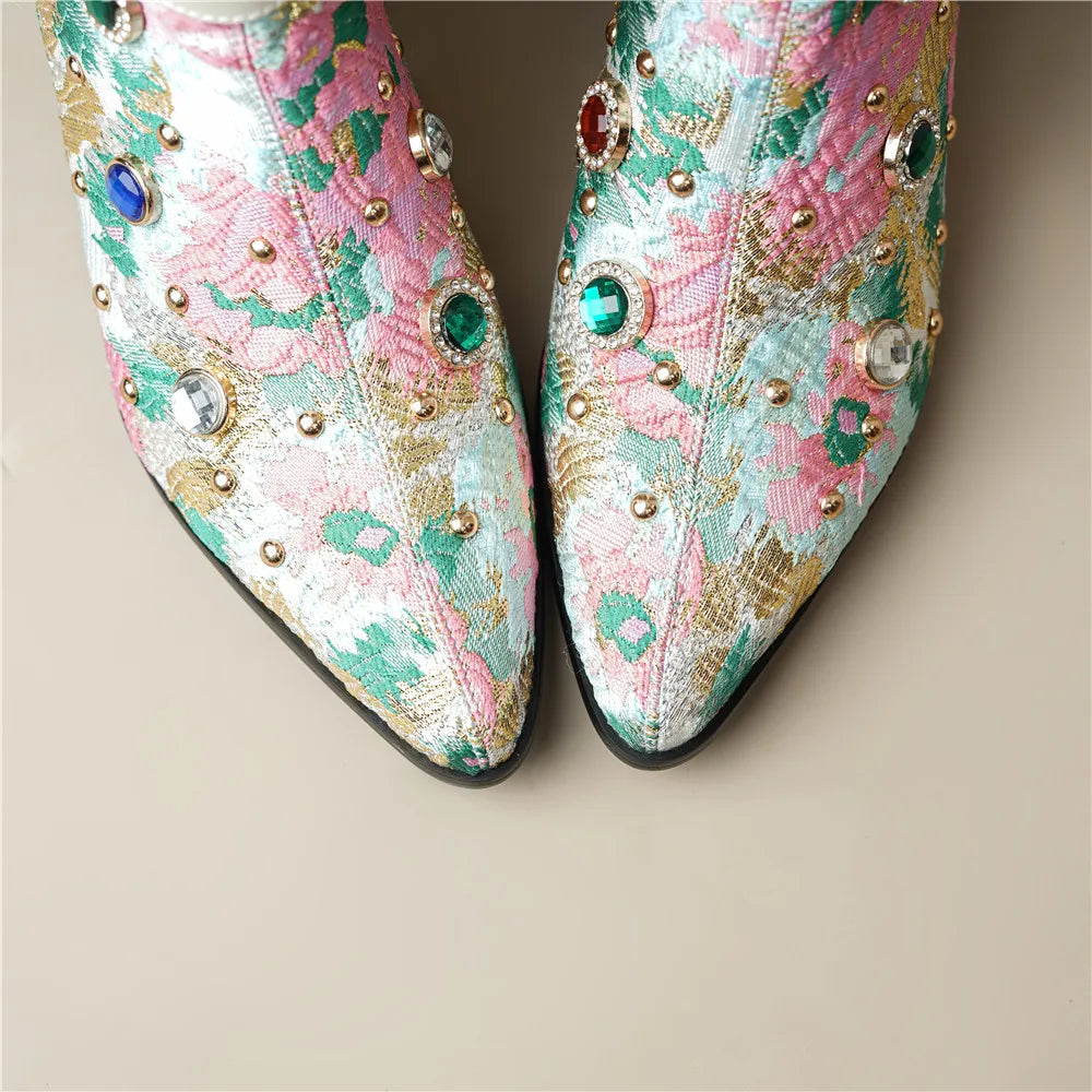 Floral Rhinestones Mid-Calf Boots