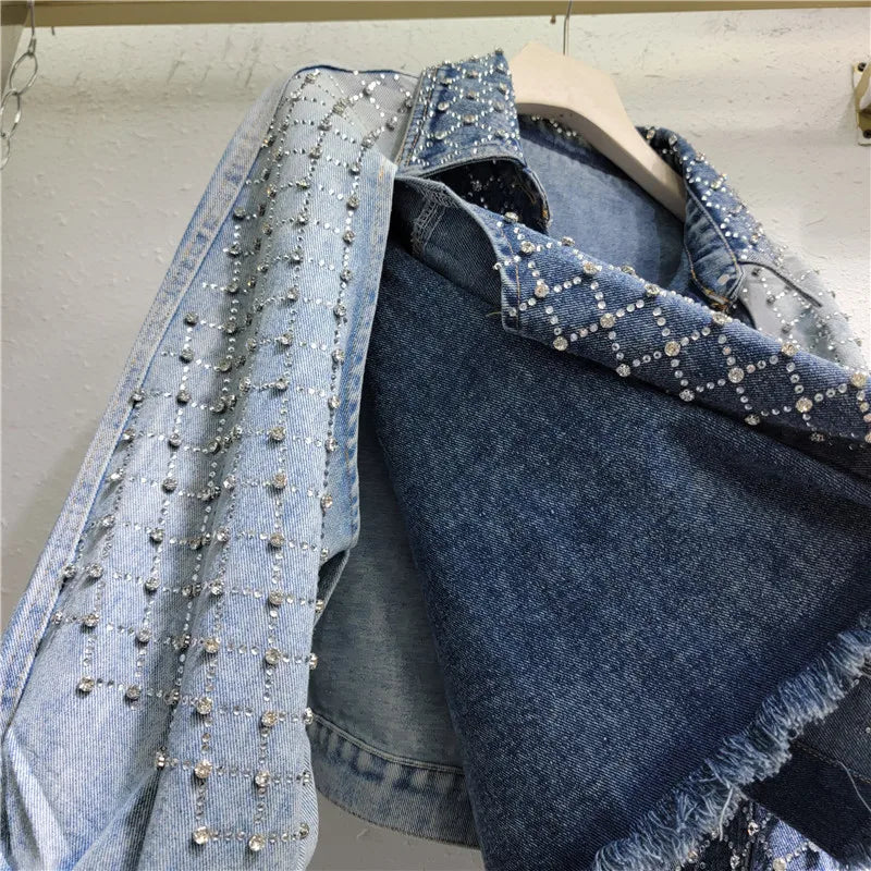 Pre Order:  Patchwork Hot Drilling Diamond Retro Washed Denim Jacket