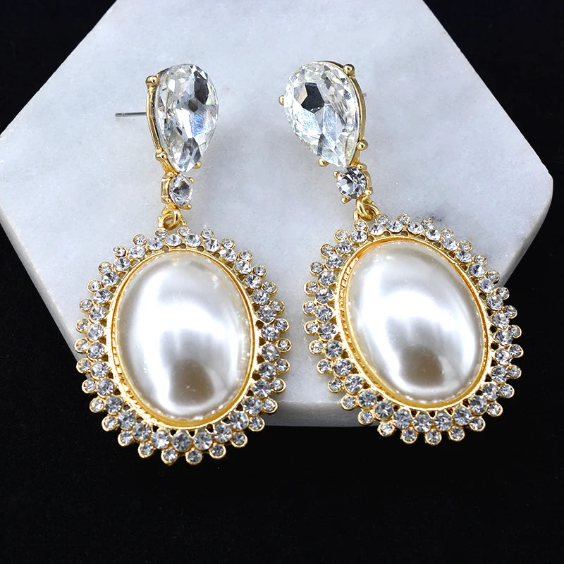 Big Oval Pearl Crystal Long Drop Earrings