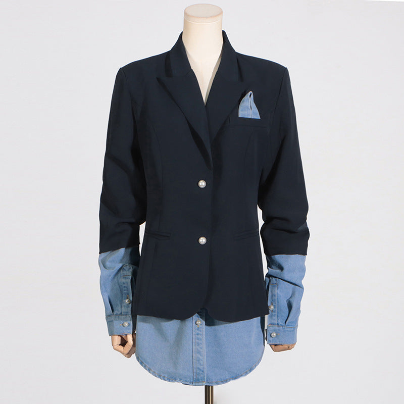 Spliced Denim Long Sleeved Black Blazer