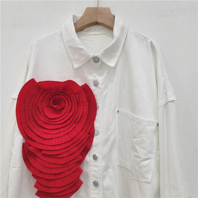 Pre Order:  Pleated Flower Casual Denim Shirt