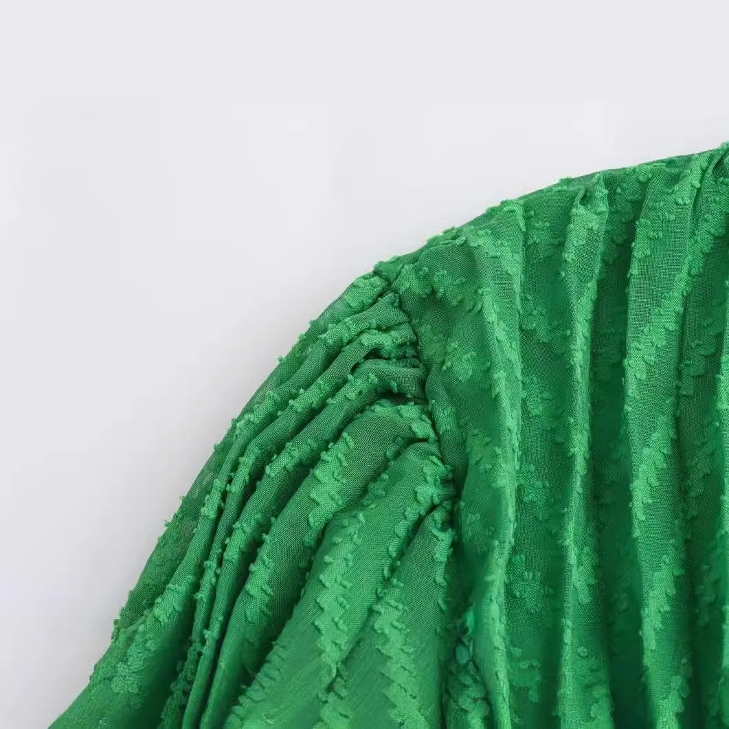 Green Pleated Round Neck Long Sleeved A-Line Dress