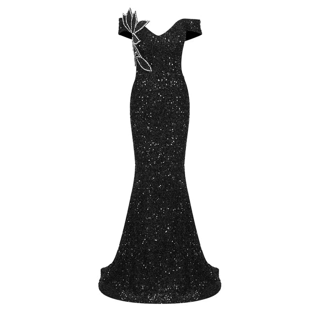 Pre Order:  Flash Diamond Blade V-Neck Off Shoulder Black Sequin Dress