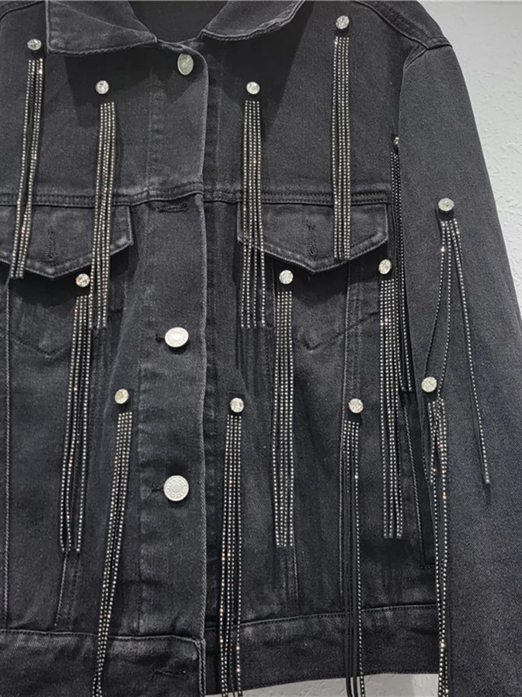 Pre Order:  Diamond Tassel Long Sleeve Black Denim Jacket