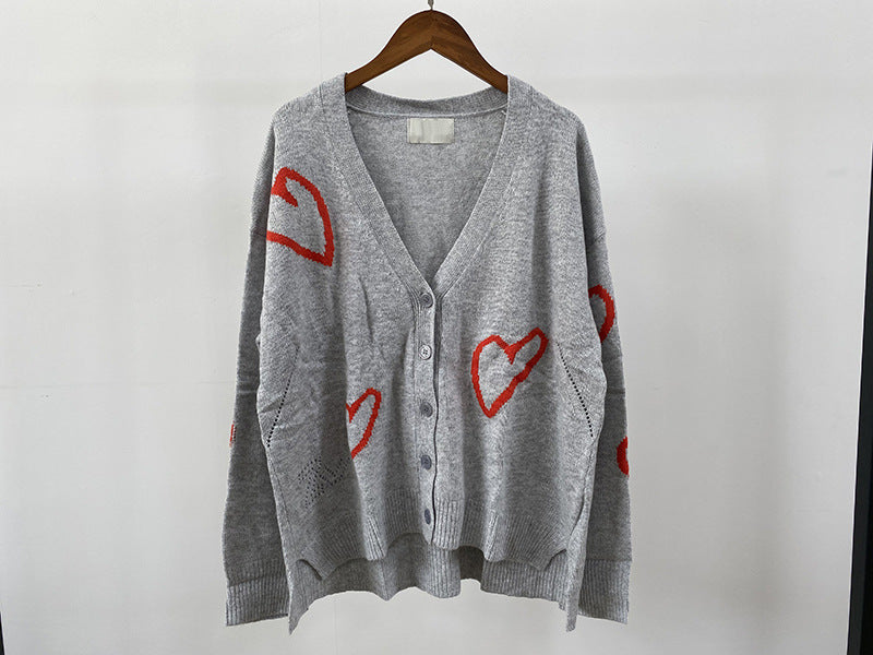 Pre Order: Red Heart Jacquard V-Neck Knit Cardigan