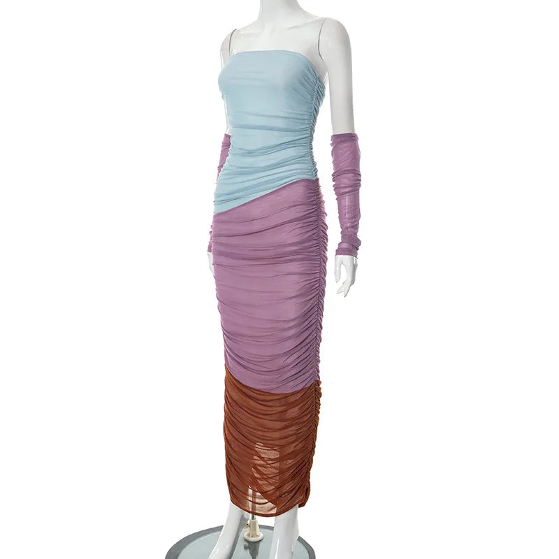 Tri-Color Ruched Mesh Dress