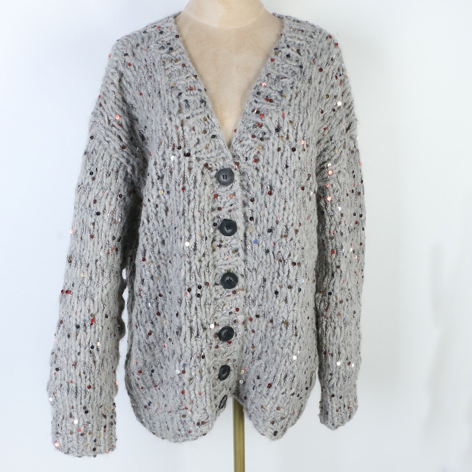 Sequined Long Sleeved Loose V-Neck Cardigan