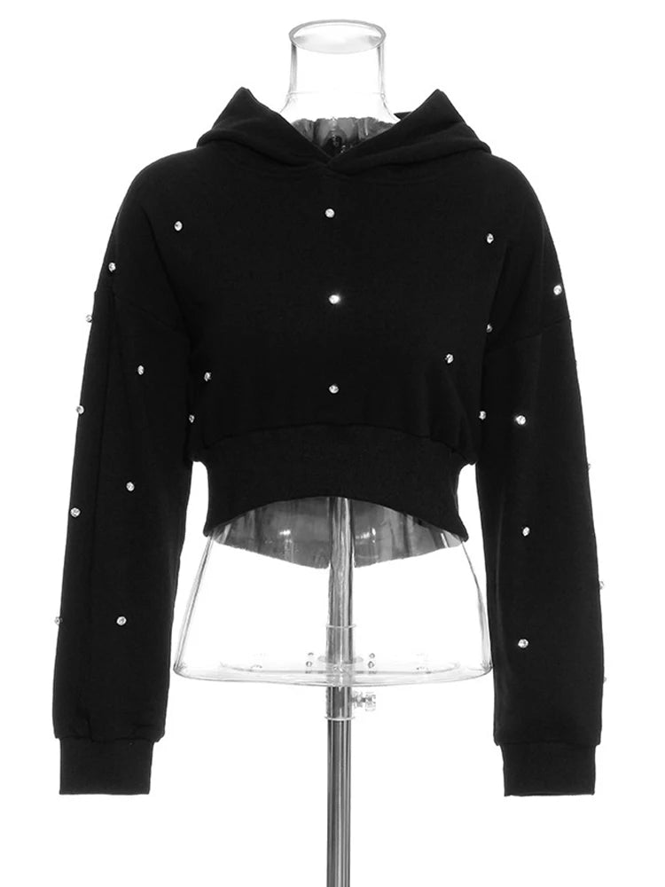 Pre Order:  Large Lapel Long Sleeved Diamond Inlaid Sweatshirt