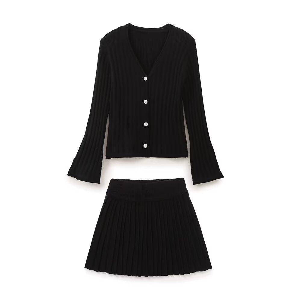 Pre Order:  Cuff Slit Pleated Knitted Cardigan + Skirt Set