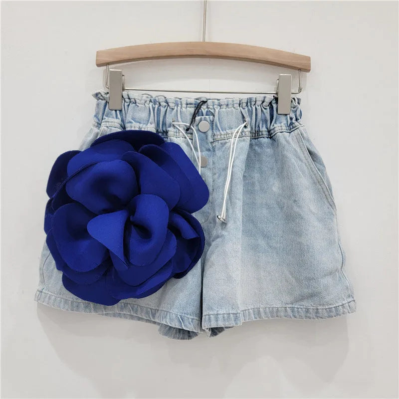 Spliced Flower High Waist Denim Shorts