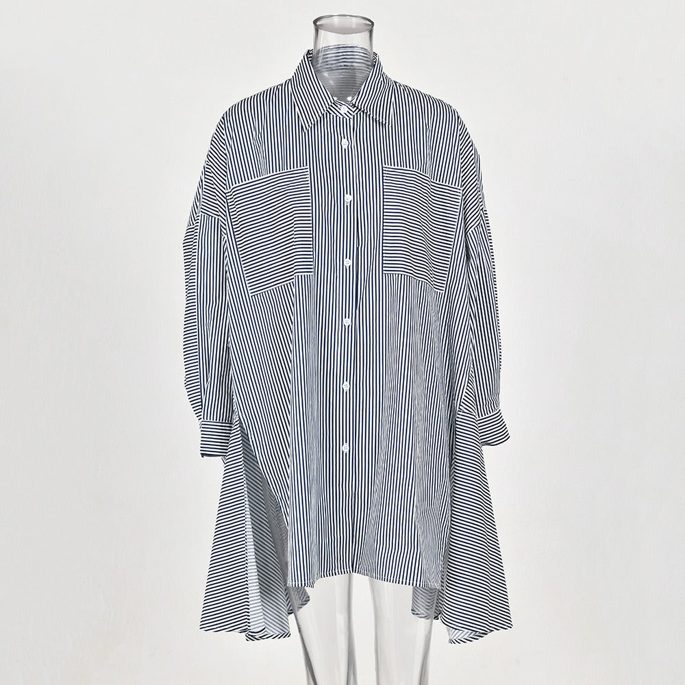 Pre Order: Loose Striped Single Breasted Irregular Long Shirt