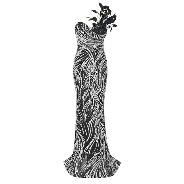 Pre Order:  Silver Sequins 3D Strapless Feather Dress