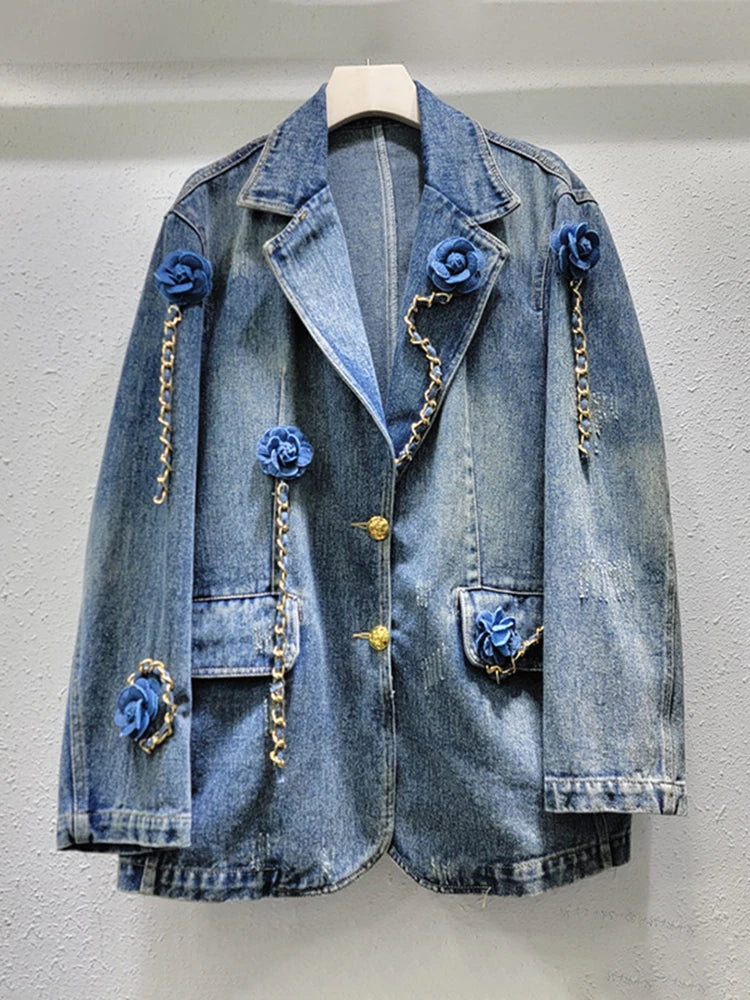 Pre Order:  3D Flower Patchwork Gold Chain Washed Denim Jacket